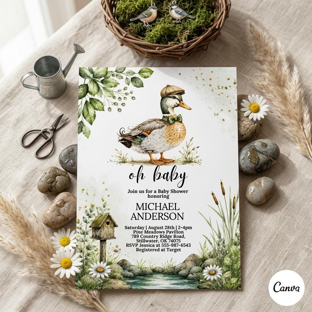 Editable Mallard Duck Baby Shower Invitation, Boy Duckling Invite (Digital Download)