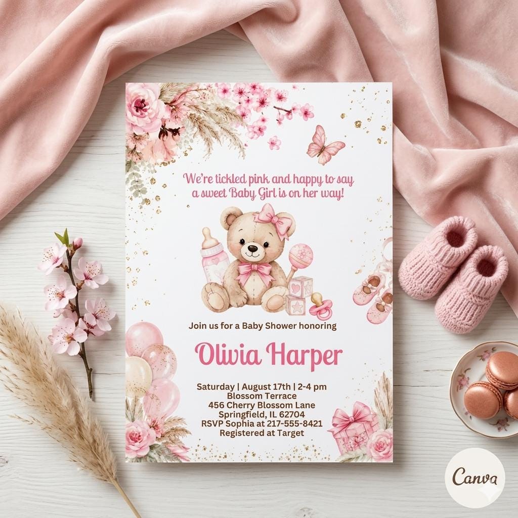 Editable Baby Shower Invitation Template: Teddy Bear Floral Design (Digital Download)