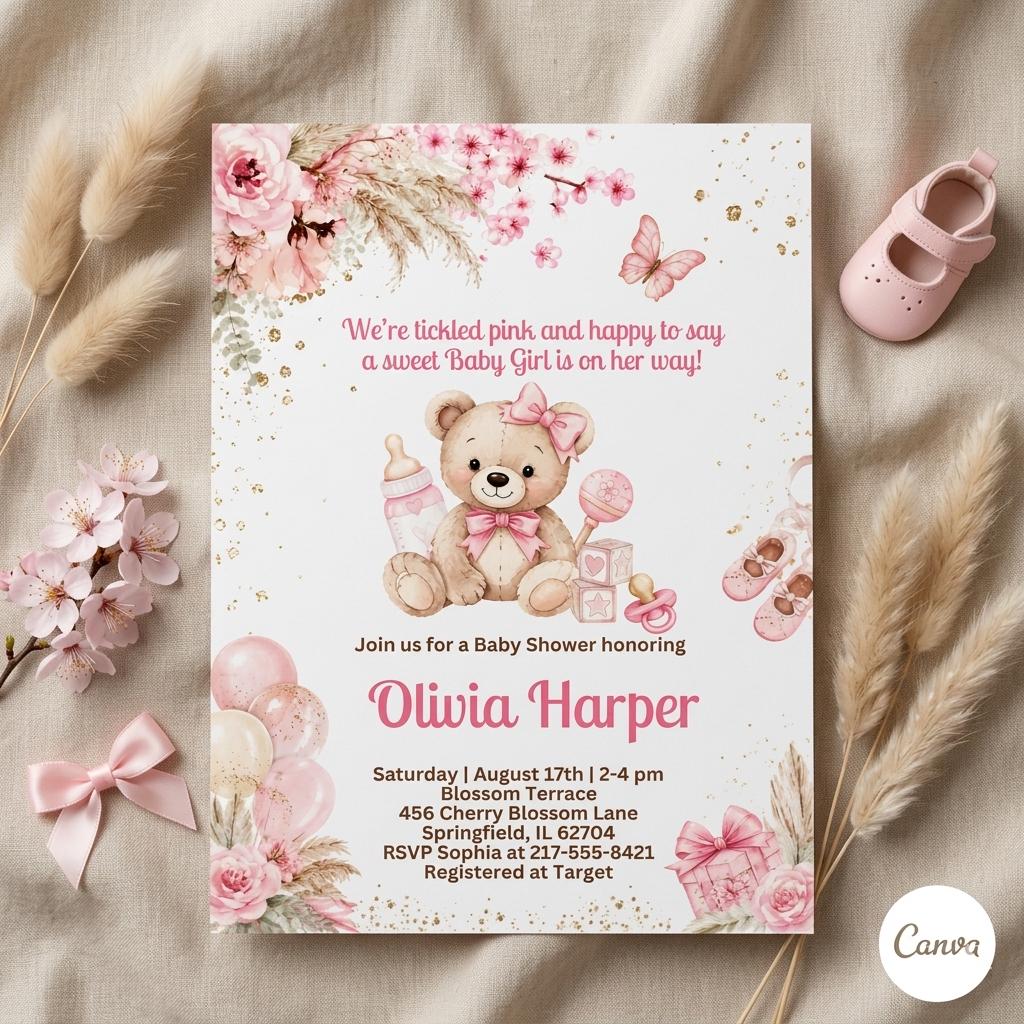 Editable Baby Shower Invitation Template: Teddy Bear Floral Design (Digital Download)