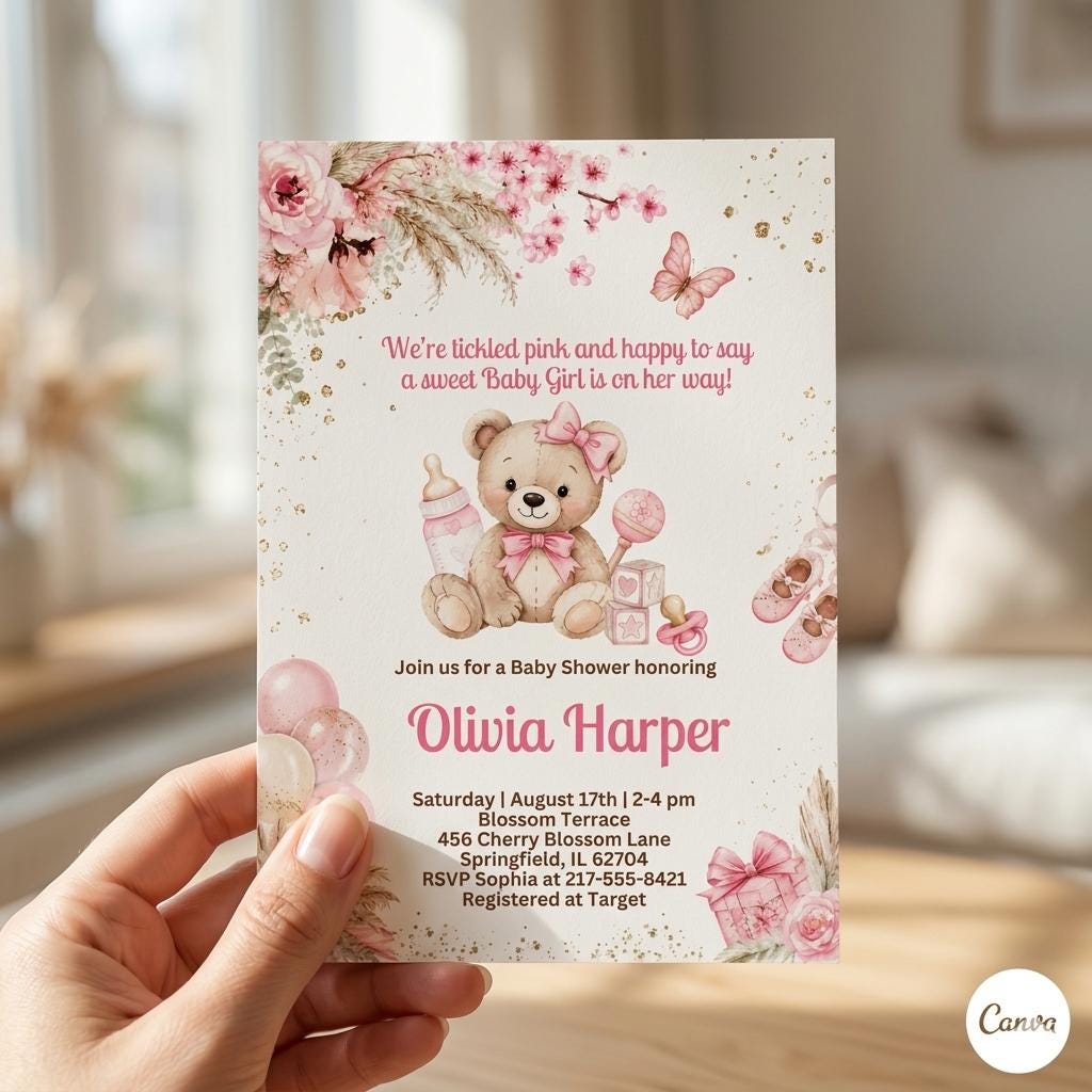 Editable Baby Shower Invitation Template: Teddy Bear Floral Design (Digital Download)