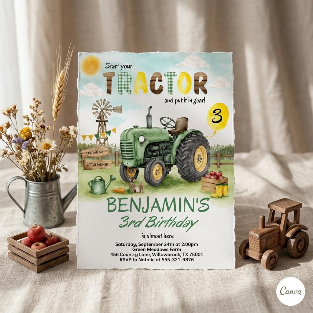 Tractor Birthday Invitation: Editable Farm Party Template (Digital Download)