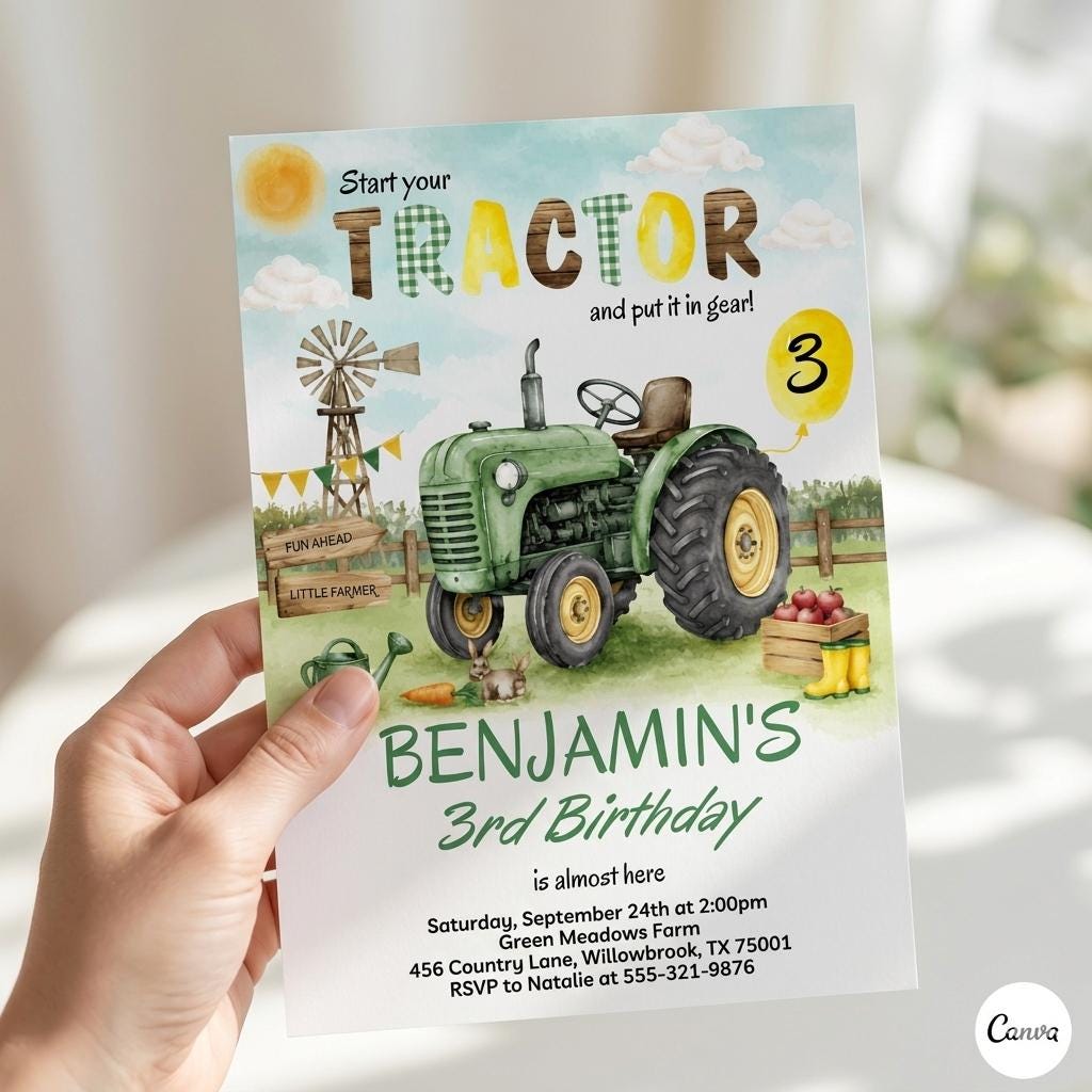 Tractor Birthday Invitation: Editable Farm Party Template (Digital Download)