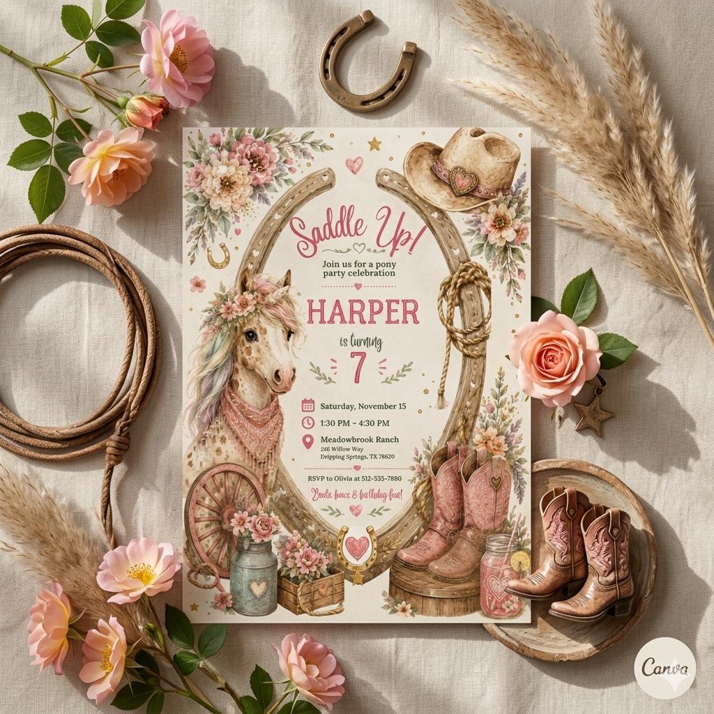 Cowgirl Pony Party Invitation: Editable Western Birthday Template (Digital Download)