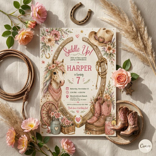 Cowgirl Pony Party Invitation: Editable Western Birthday Template (Digital Download)