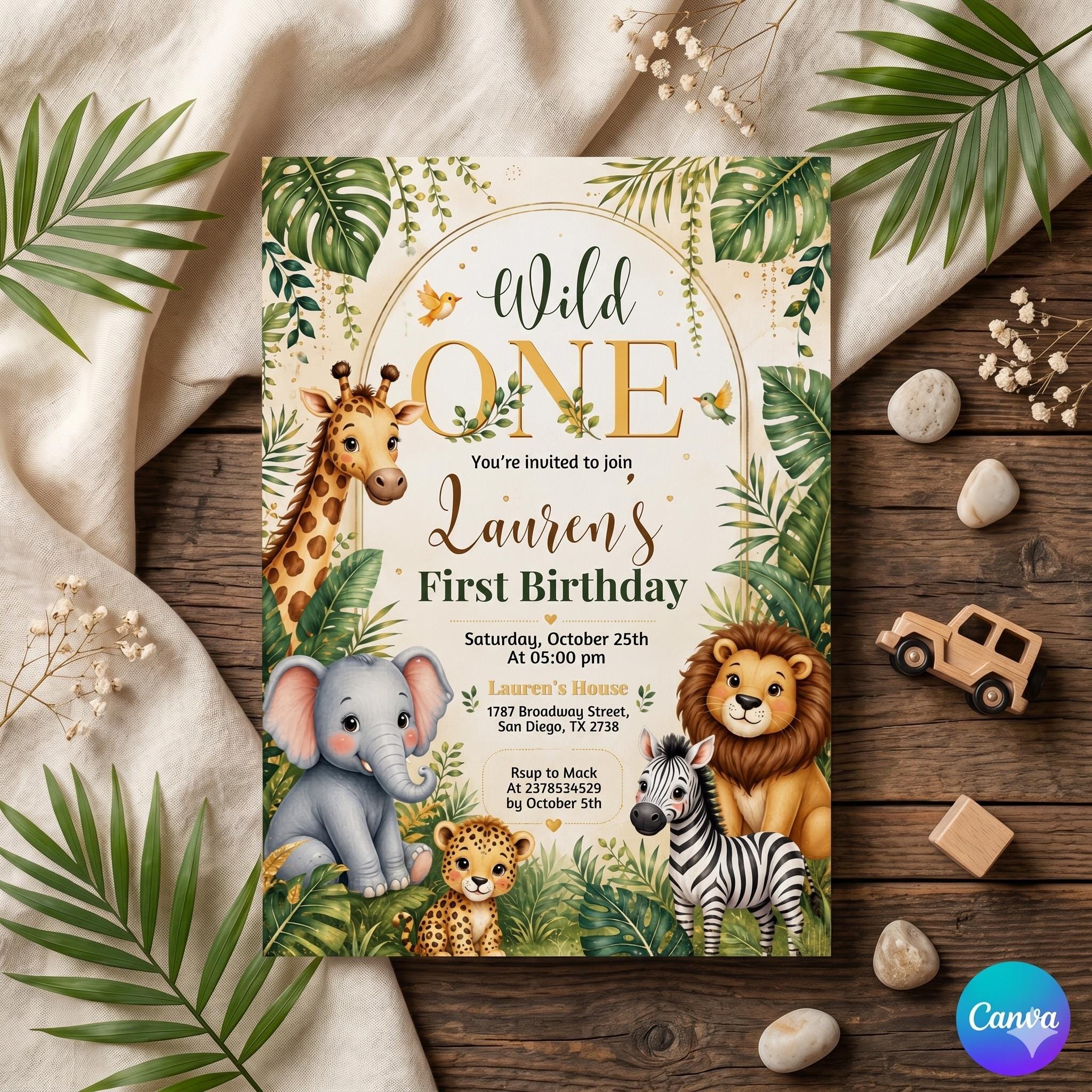 Safari First Birthday Evite, Wild One Birthday, 1st Birthday Digital Invite, Jungle First Birthday Evite, Jungle Animals Party