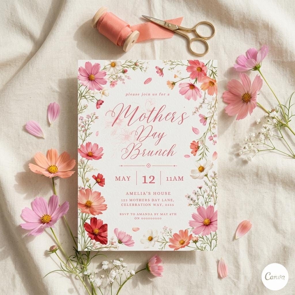 Mother's Day Brunch Invitation Template, Floral Editable Mothers Day Breakfast Invite