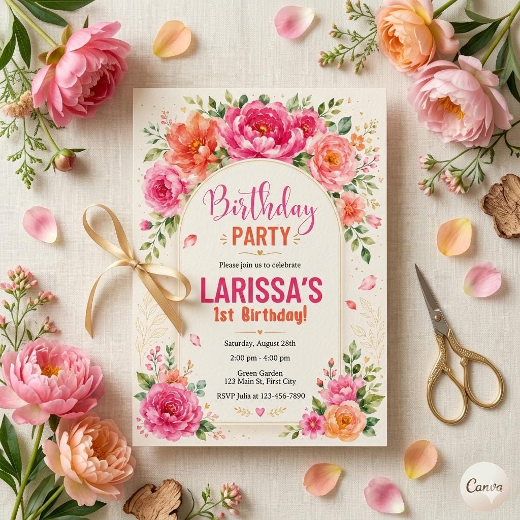 Pink adult birthday invitation , orange / hot pink , floral invite , girl , vibrant blush fuchsia , flower , magenta yellow summer