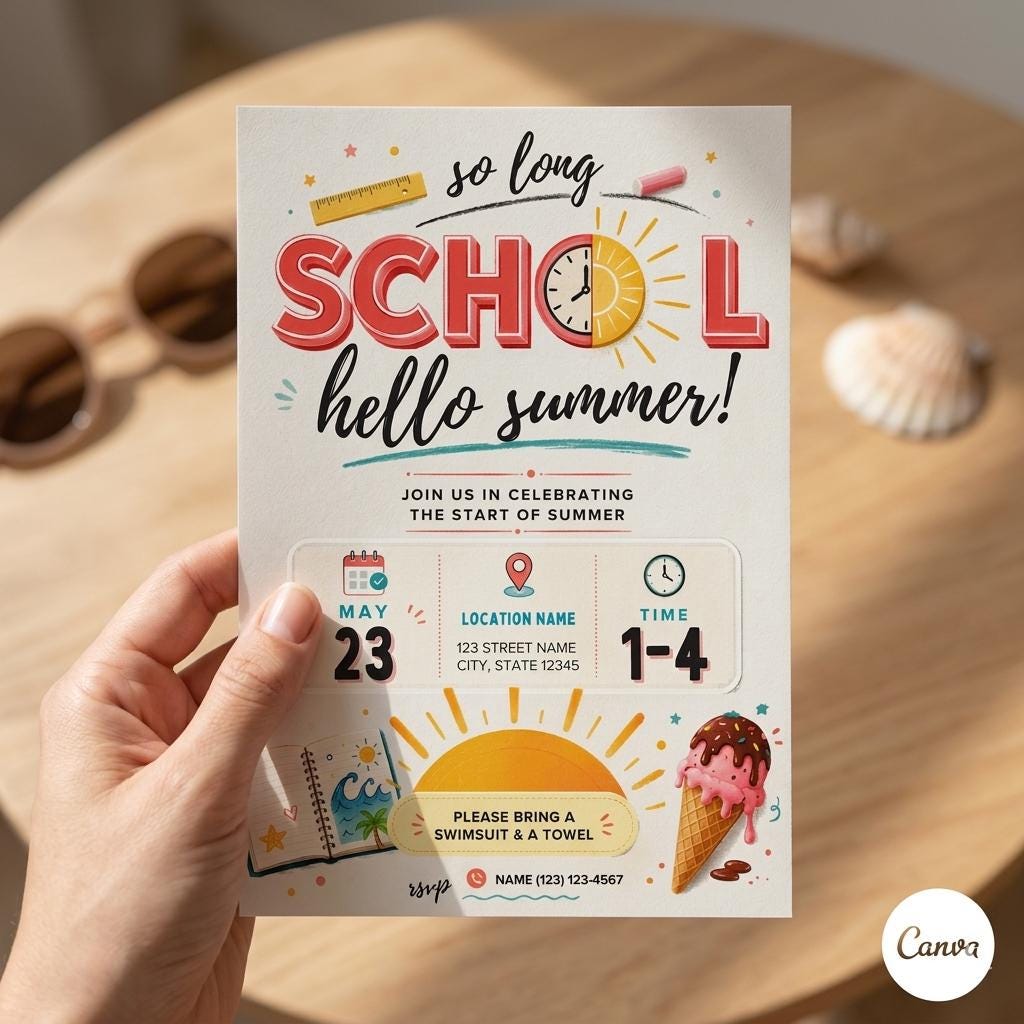 Goodbye School Hello Pool Invitation Template, Printable End Of School Pool Party Invite, Editable Summer Break Invite, Instant Download