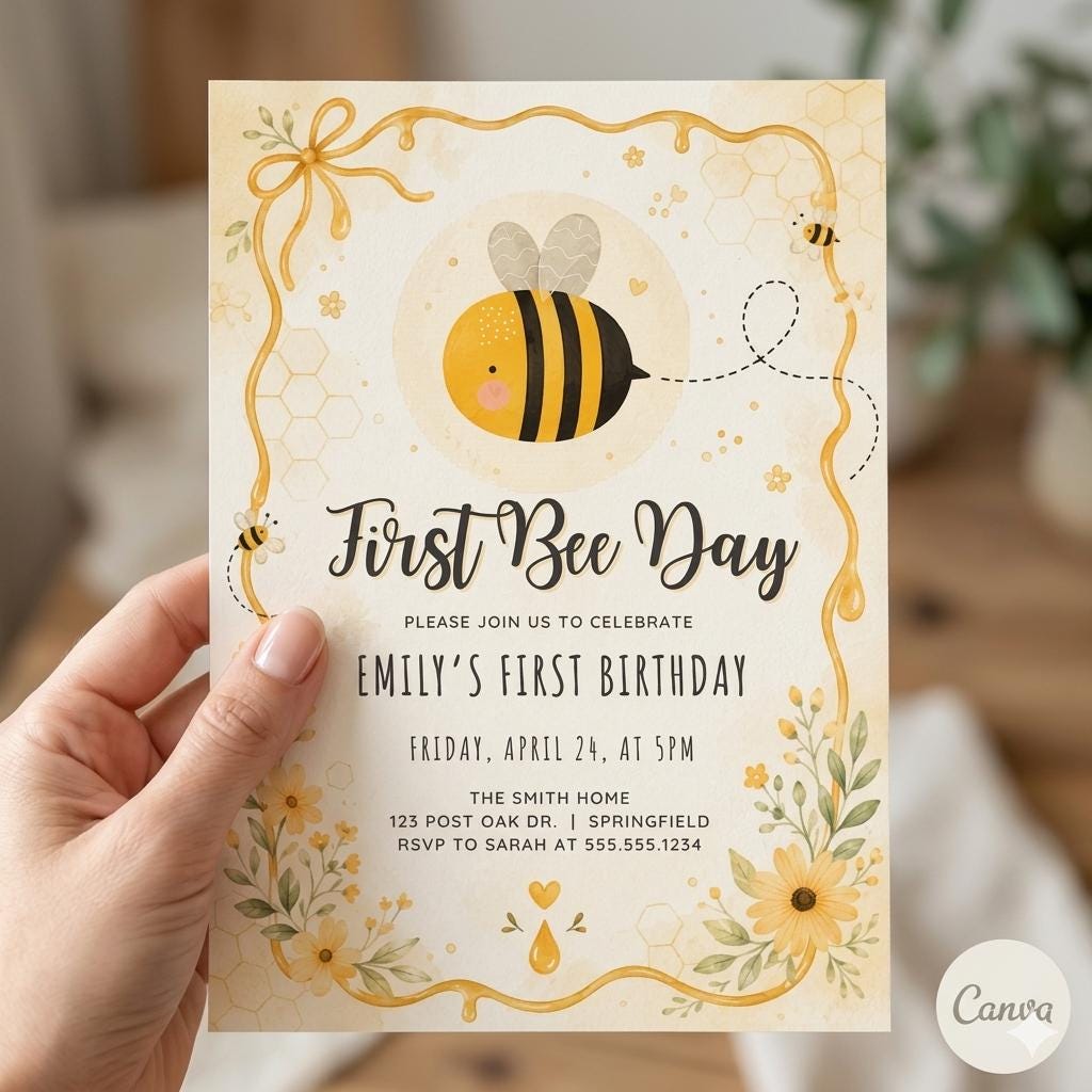 First Bee Day Invitation • Bumble Bee 1st Birthday Invite • Honey Bee Editable Template • Digital or Printed