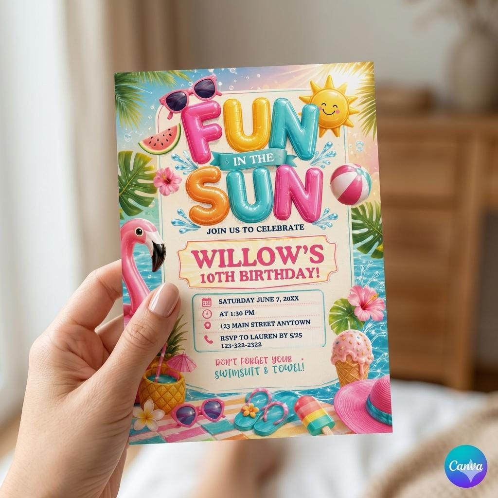 Fun in the Sun Birthday Invitation, Beach Theme Kids Party Invite, Editable Canva Template, Digital Summer Birthday Download
