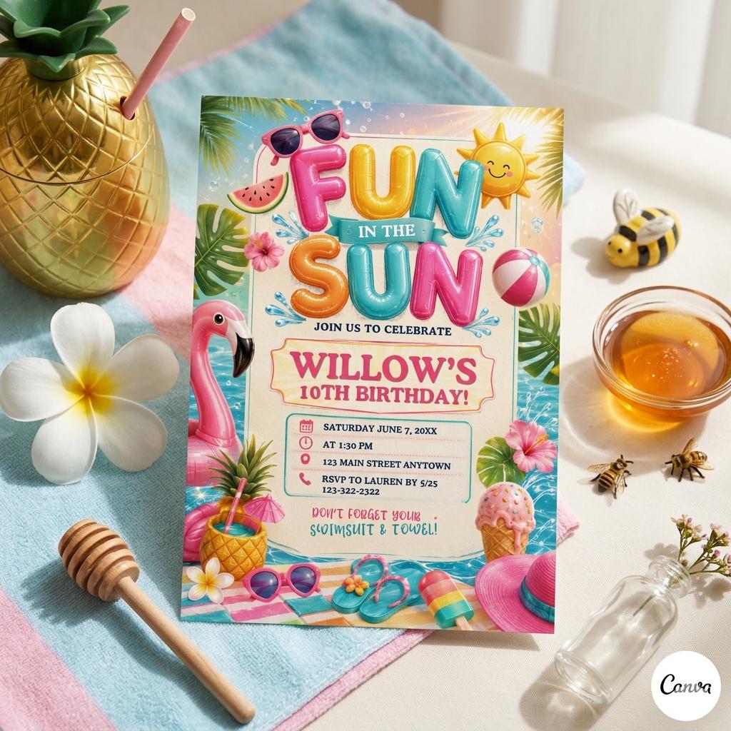 Fun in the Sun Birthday Invitation, Beach Theme Kids Party Invite, Editable Canva Template, Digital Summer Birthday Download