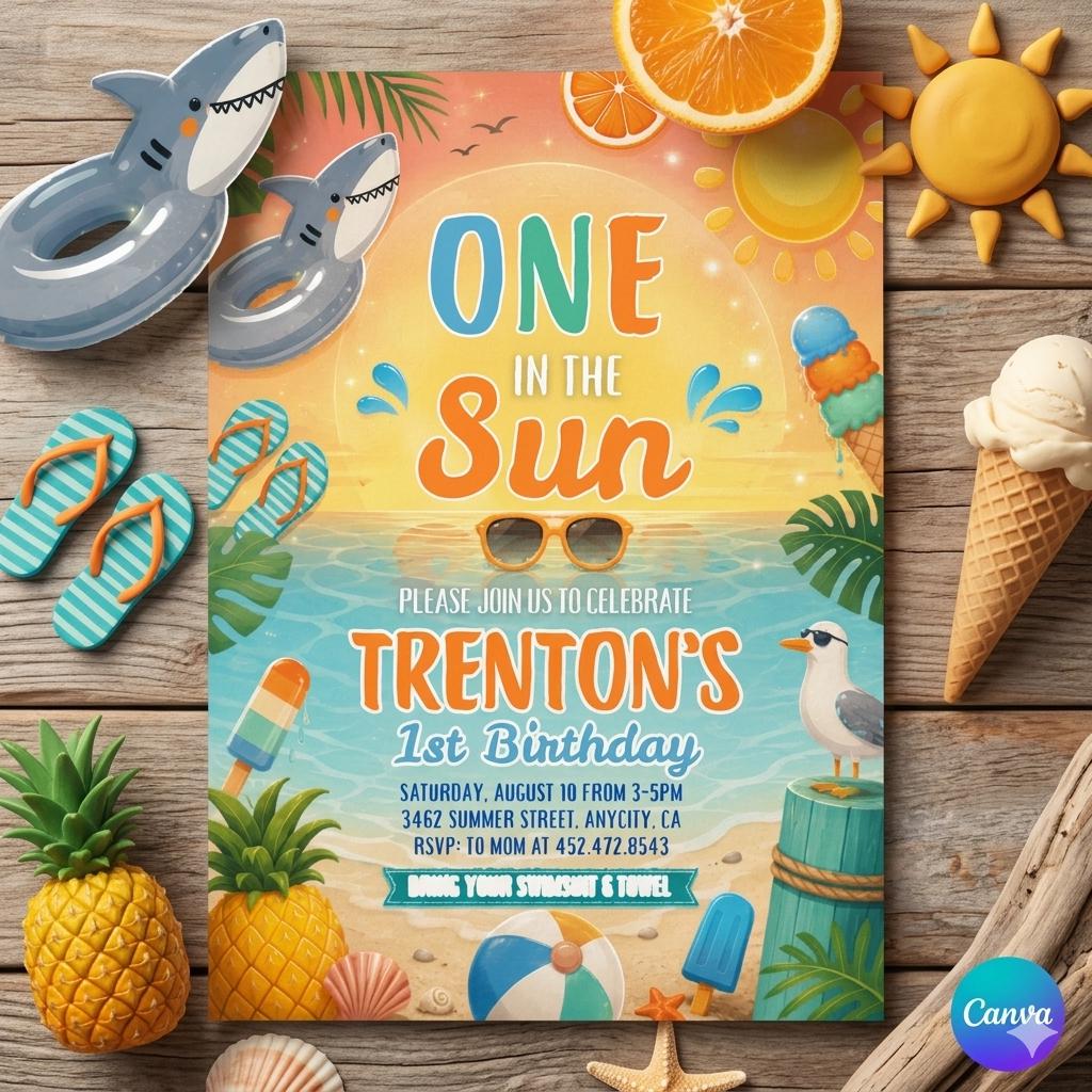 Editable One In The Sun 1st Birthday Party Invitation, Tropical Summer Boy Shark Pool Party Invite Template, Pool Party 1st Birthday Invite