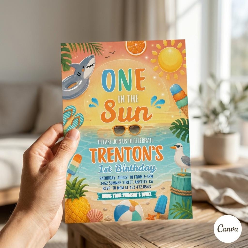 Editable One In The Sun 1st Birthday Party Invitation, Tropical Summer Boy Shark Pool Party Invite Template, Pool Party 1st Birthday Invite