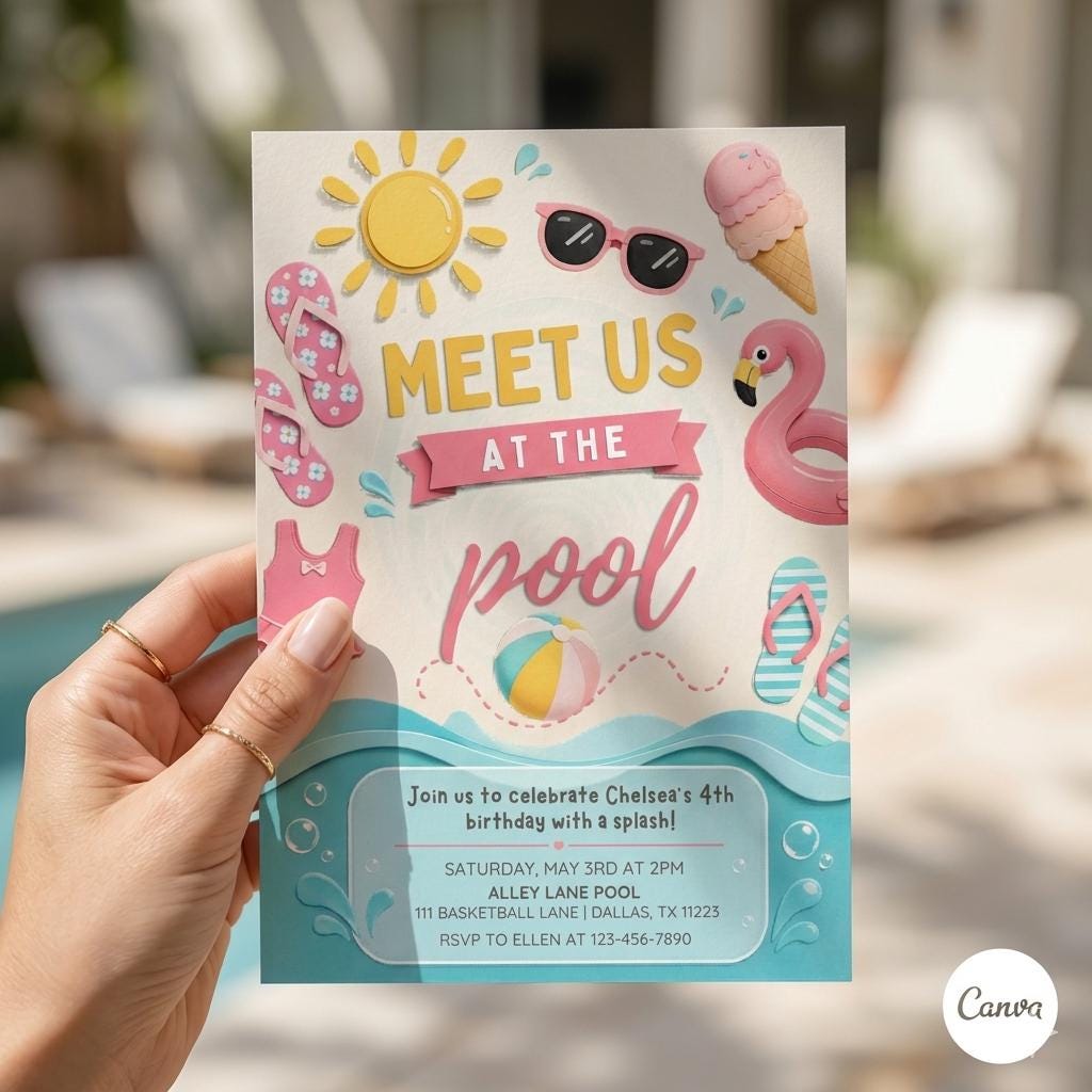 Editable Pool Party Birthday Invitation | Summer Birthday Invite Girl, Any Age, Pastel Pool Party Theme, Digital Download Template , A19