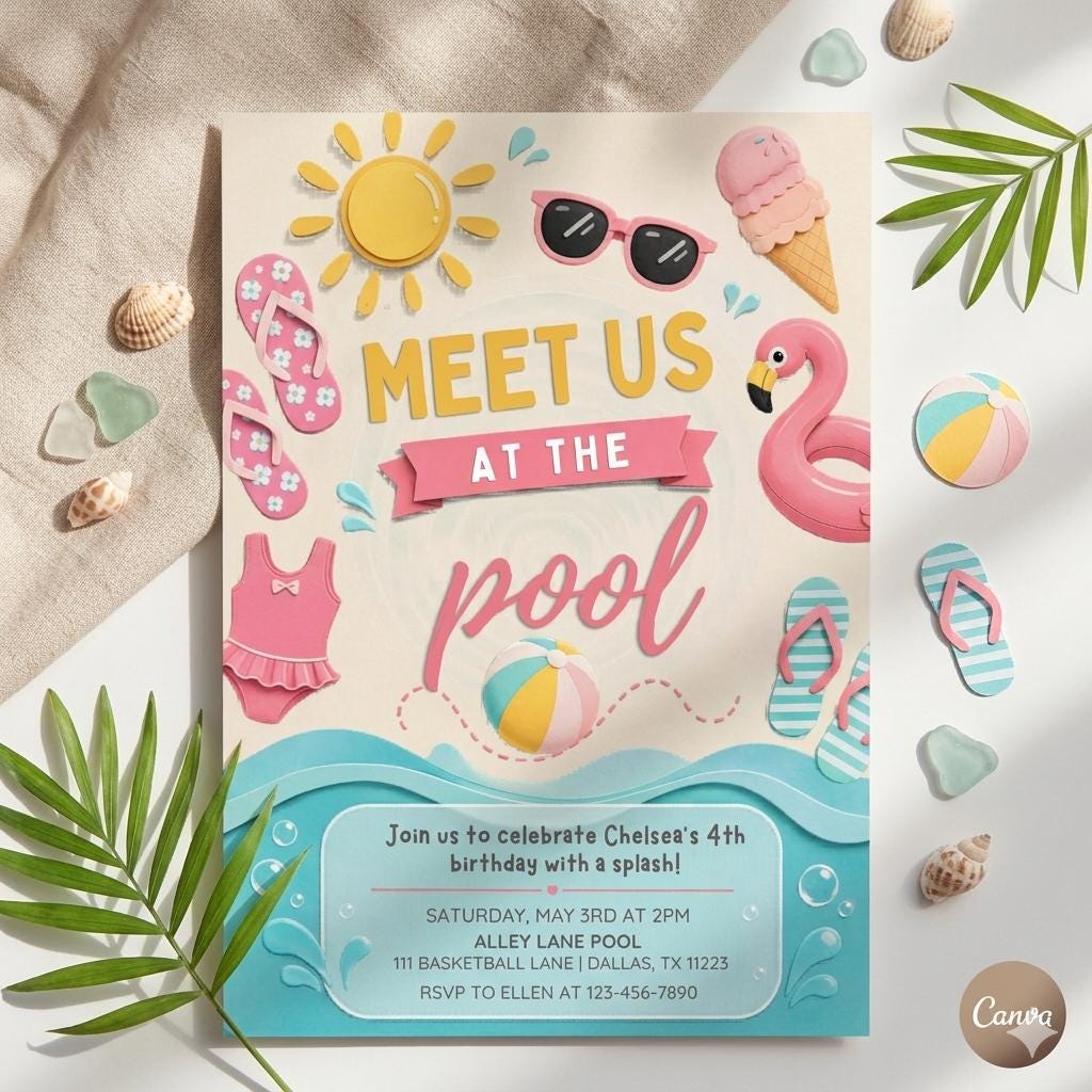 Editable Pool Party Birthday Invitation | Summer Birthday Invite Girl, Any Age, Pastel Pool Party Theme, Digital Download Template , A19