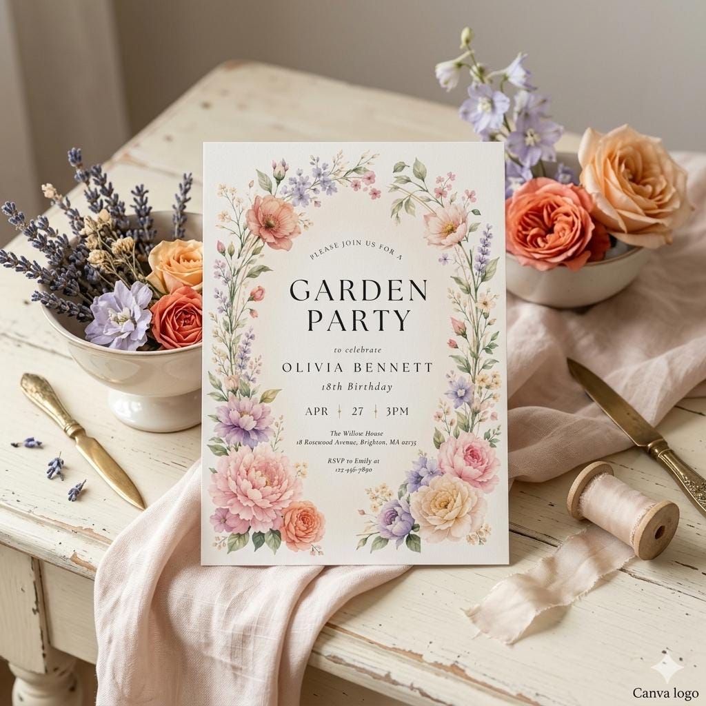 Vibrant Wildflower Birthday Garden Party Invitation Template, Watercolor Floral Meadow Party, Bright Colorful Invite, Canva Editable, 5x7
