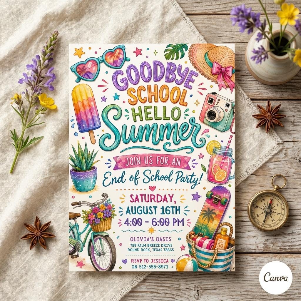 End of School Party : Summer Party Invitation Goodbye School Hello Summer Editable Kids Template (Digital Download)
