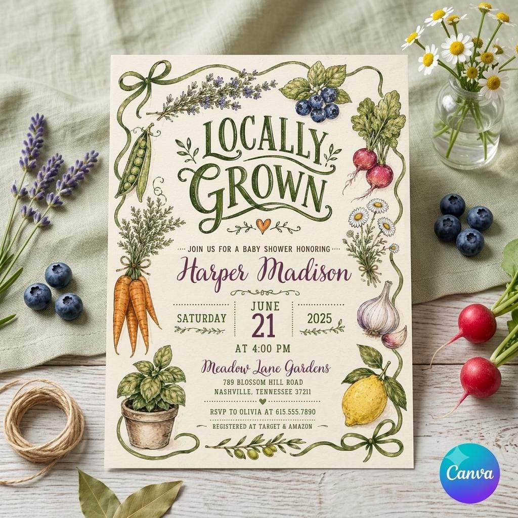 Locally Grown Baby Shower Invitation , Farmers Market, Gender Neutral Theme , Editable Canva Template [Digital Download]