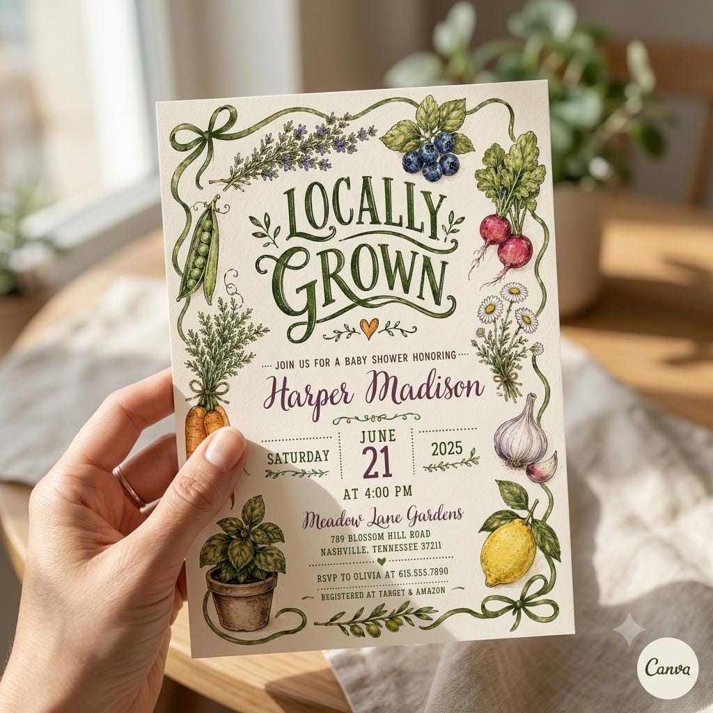 Locally Grown Baby Shower Invitation , Farmers Market, Gender Neutral Theme , Editable Canva Template [Digital Download]