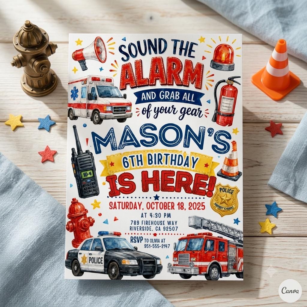 First Responders Birthday Party Invitation - Calling All Units, Emergency Vehicles Invite - Boy Fire Truck, Ambulance (Digital Download)