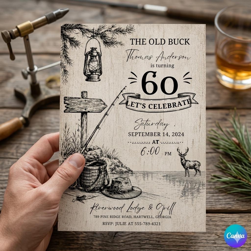 Rustic Fishing Lodge invitation ,Over the Hill, Hunting Theme Invite (Digital Download)