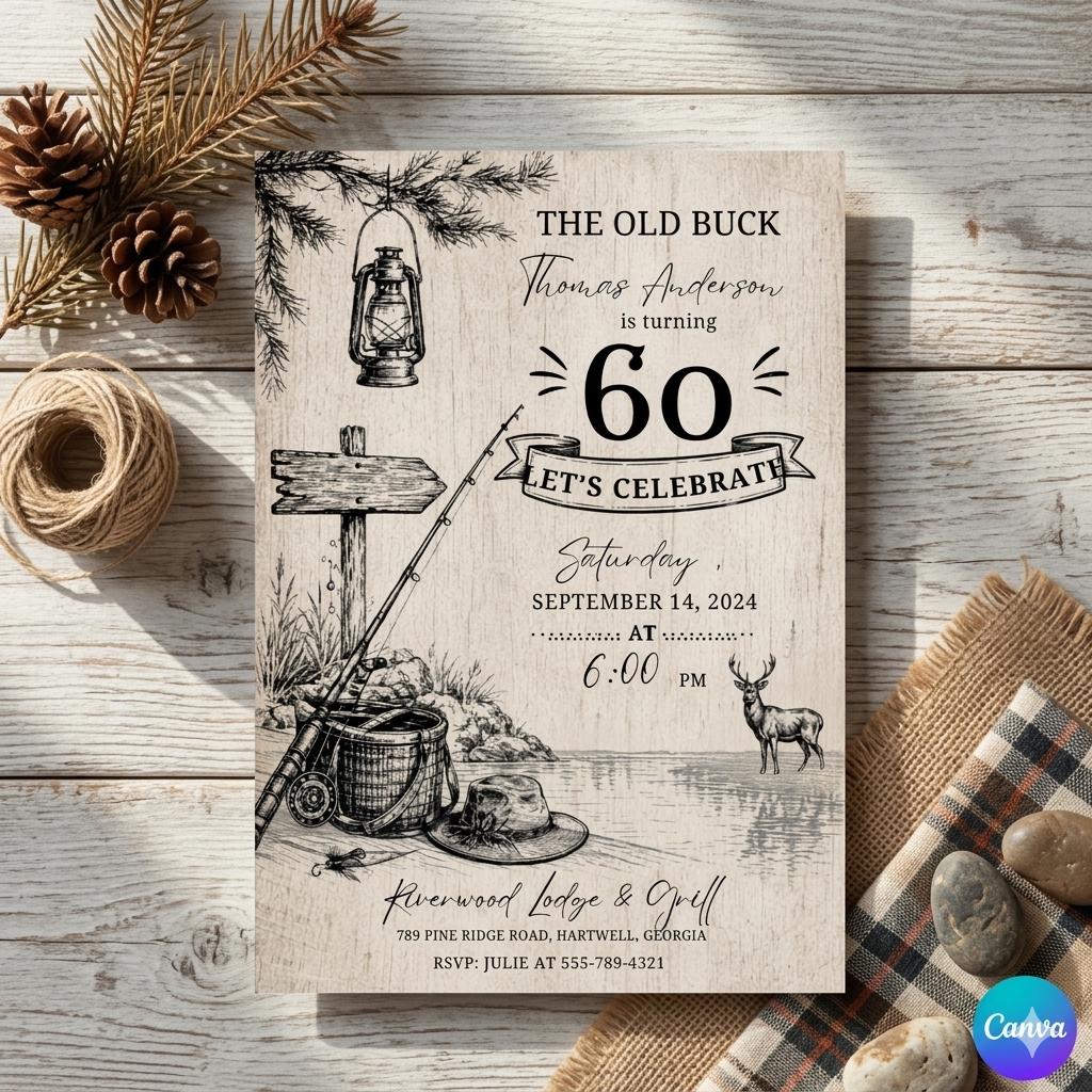 Rustic Fishing Lodge invitation ,Over the Hill, Hunting Theme Invite (Digital Download)