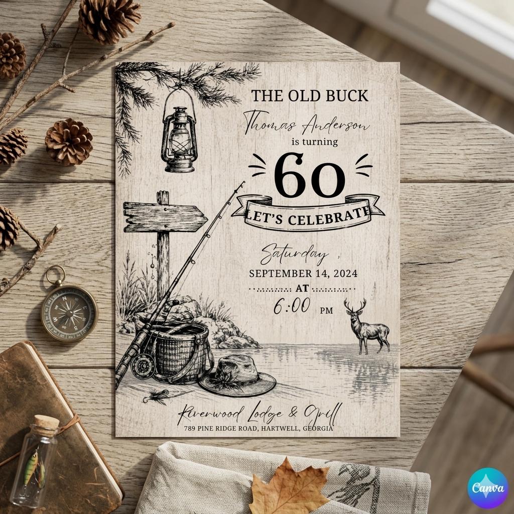Rustic Fishing Lodge invitation ,Over the Hill, Hunting Theme Invite (Digital Download)
