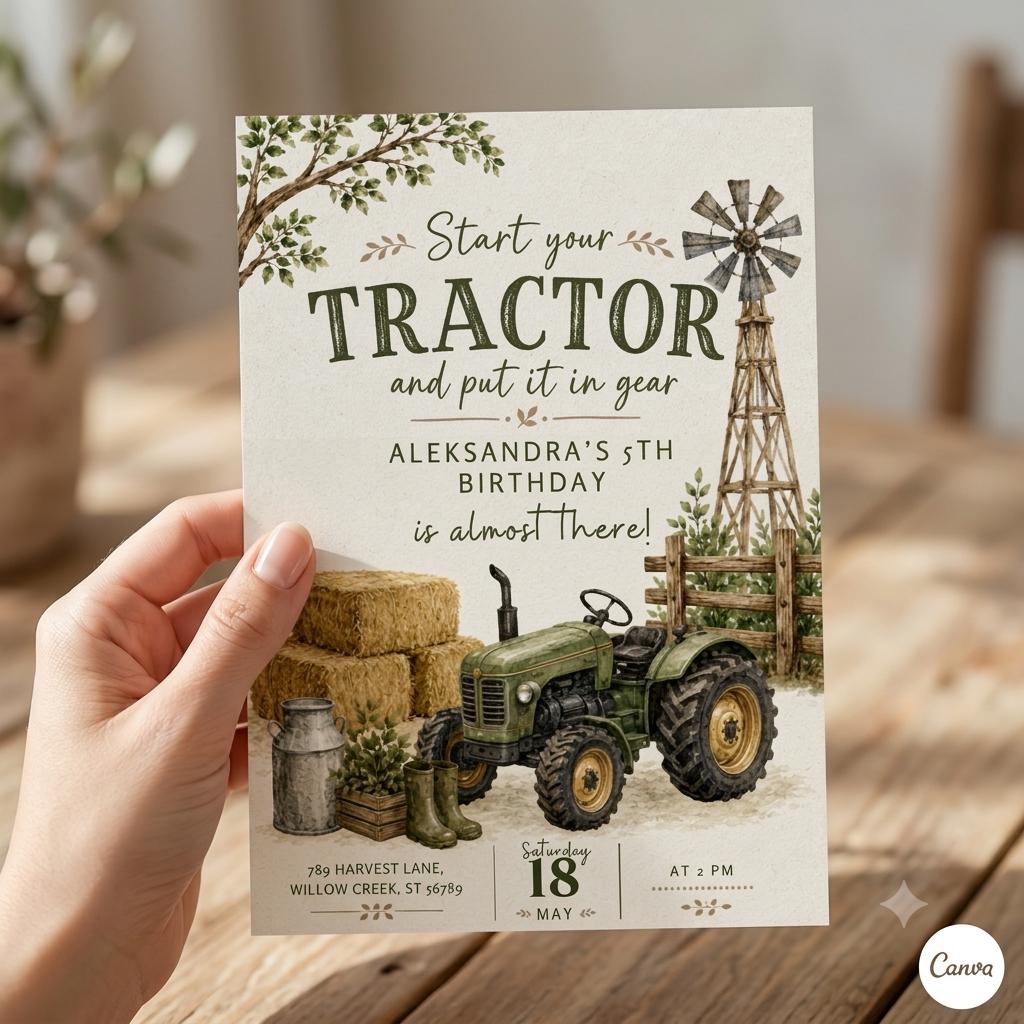 Tractor Birthday Invitation: Editable Tractor Birthday Invitation, Tractor Ranch Party Invite For Boy Girl Tractor Farm (Digital Download)