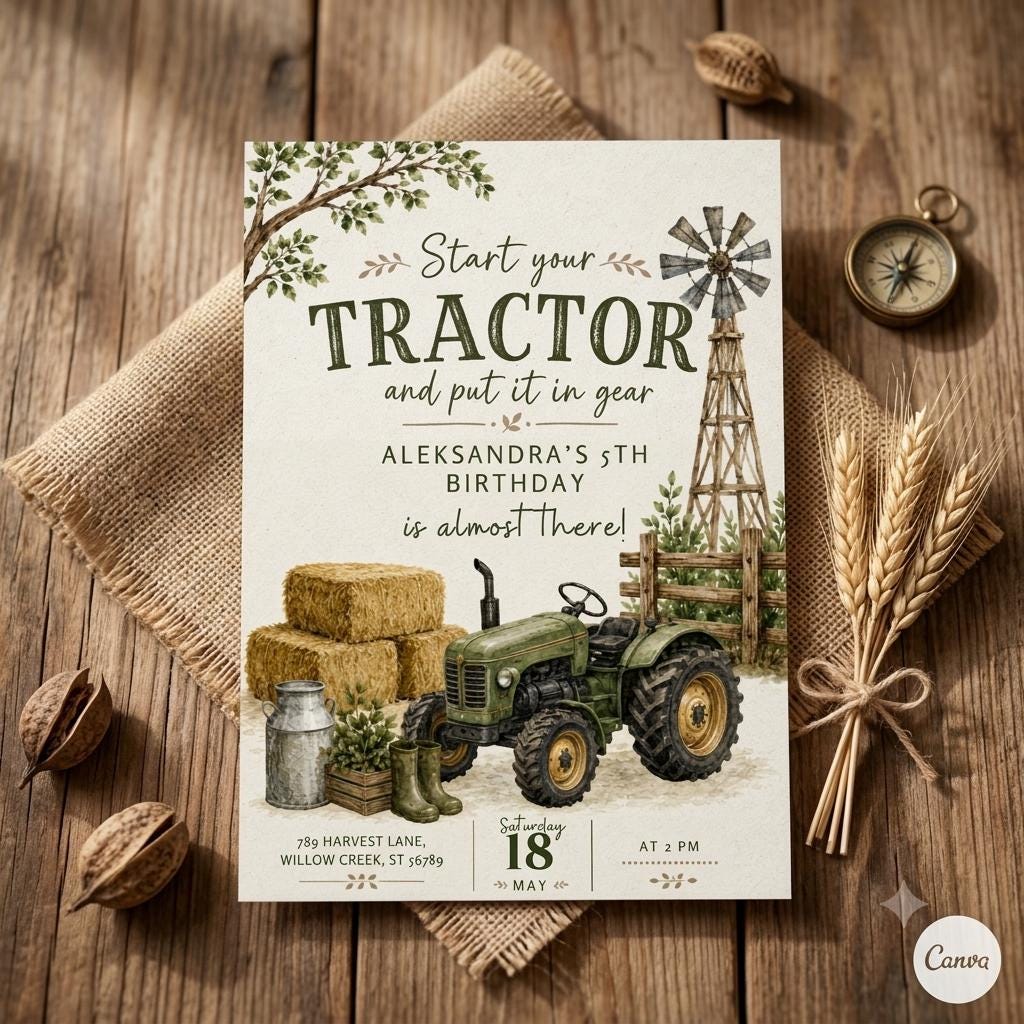 Tractor Birthday Invitation: Editable Tractor Birthday Invitation, Tractor Ranch Party Invite For Boy Girl Tractor Farm (Digital Download)