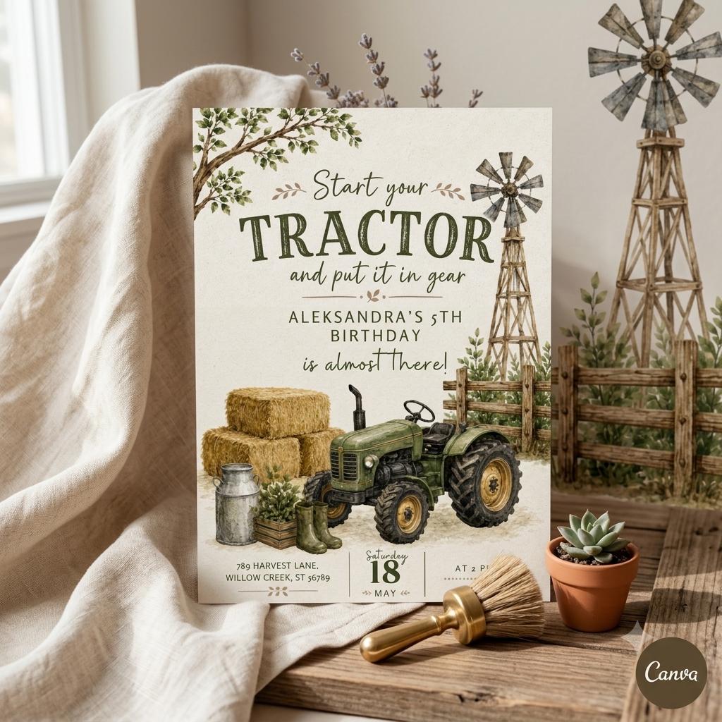 Tractor Birthday Invitation: Editable Tractor Birthday Invitation, Tractor Ranch Party Invite For Boy Girl Tractor Farm (Digital Download)