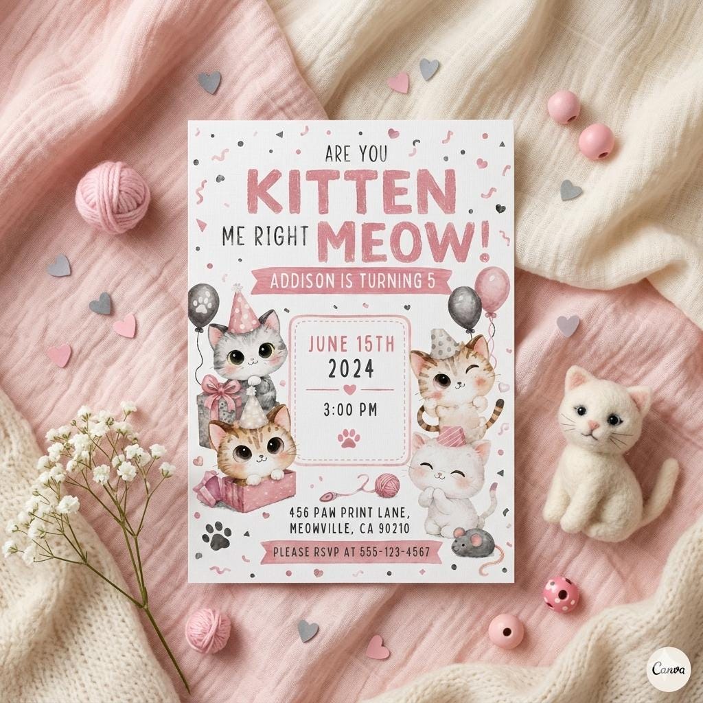 Kitten Birthday Invitation: Cat Party Invite , Editable Kitten Birthday Invitation, Are You Kitten Me. (Editable Canva Template)