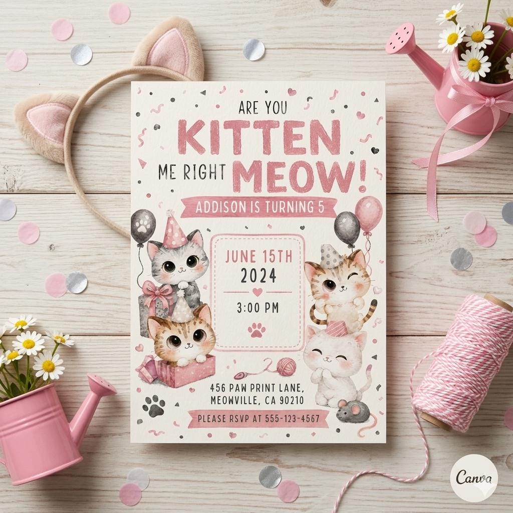 Kitten Birthday Invitation: Cat Party Invite , Editable Kitten Birthday Invitation, Are You Kitten Me. (Editable Canva Template)