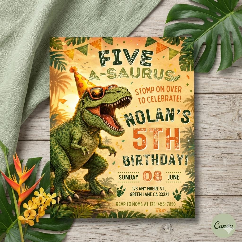 Five A-Saurus Birthday Invitation, Dinosaur Birthday Invitation, T-rex Birthday Invite, Dinosaur 5th Birthday Party Invite, Editable Canva