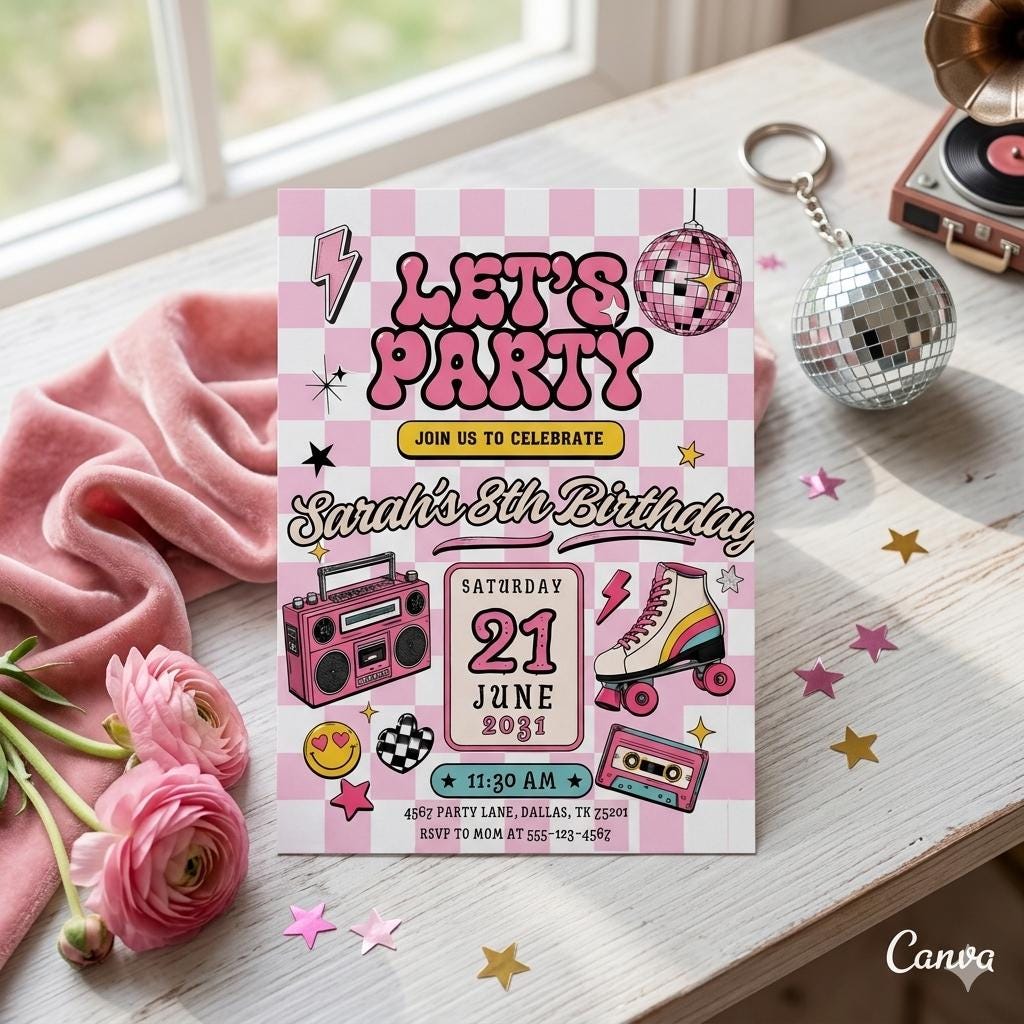 Let's Party Birthday Invitation Editable Canva Template Any Age Birthday Invite Blue Birthday Invite Boys Checkered Retro Birthday Party