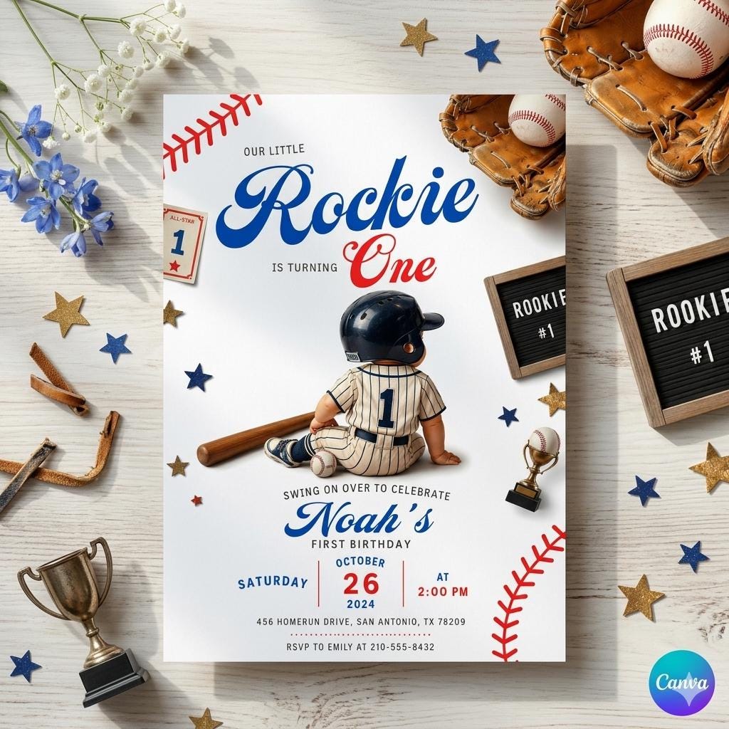 Editable Baseball Rookie One Birthday Invitation : Baseball Jersey Number Striped Baseball Birthday Party Invitation. (Digital Download)