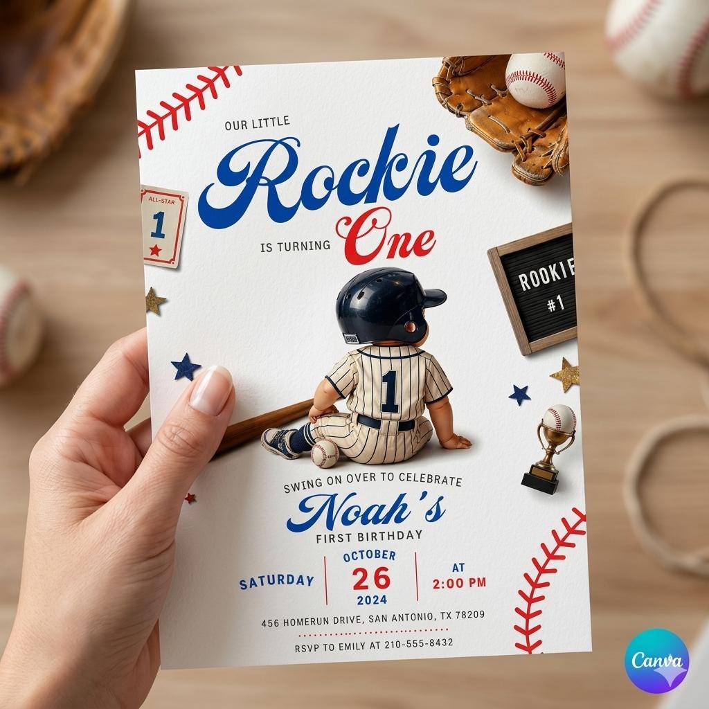 Editable Baseball Rookie One Birthday Invitation : Baseball Jersey Number Striped Baseball Birthday Party Invitation. (Digital Download)