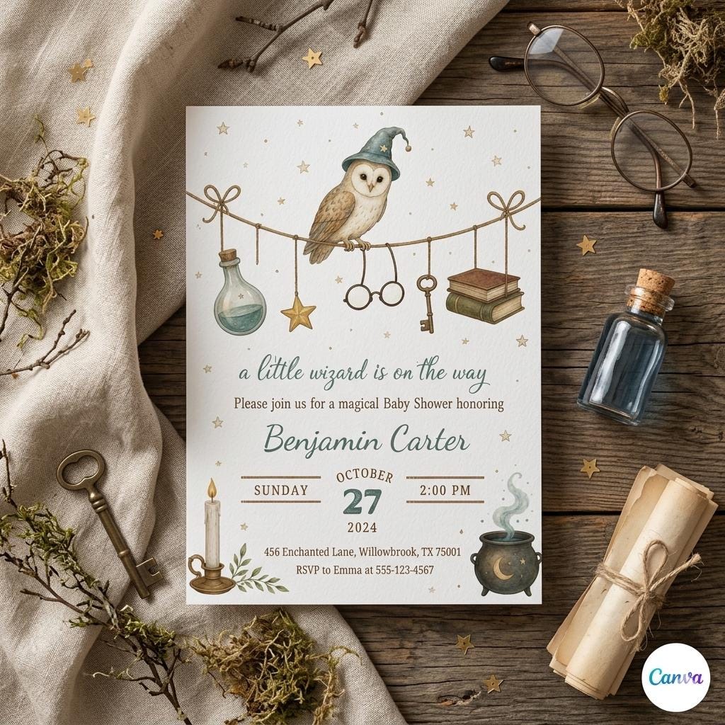 Little Wizard Baby Shower Invitation , Magical Owl Theme , Editable Canva Template , Gender Neutral Invite , Harry Baby Shower Idea