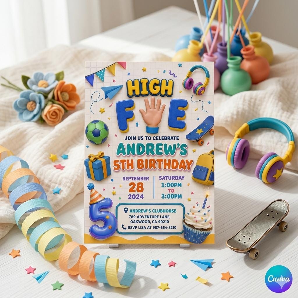 High Five Birthday Invitation Template, Neon 5th Birthday Party Invite, Glow Party Editable Digital Invitation for Kids