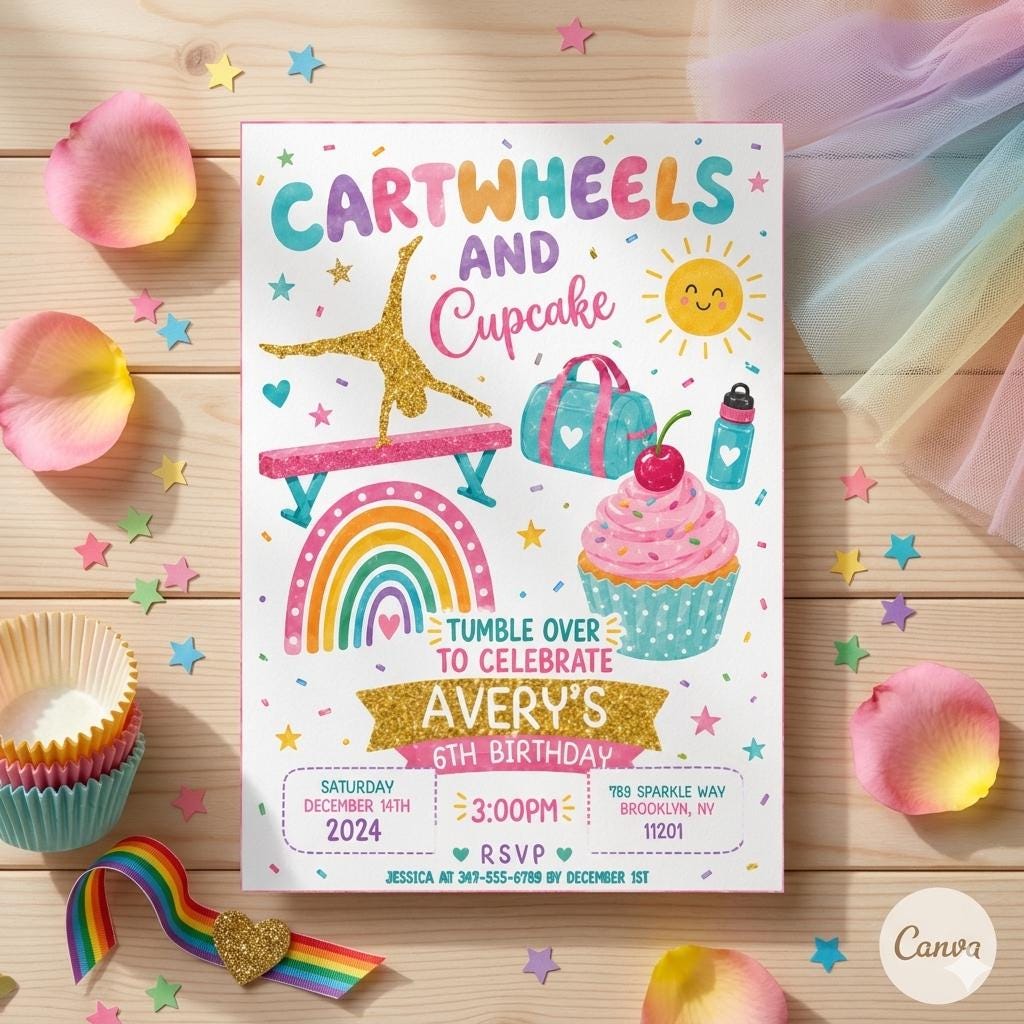 Editable Cartwheels and Cupcakes Birthday invitation, Gymnastics Party invite, Tumbling Birthday, Editable Canva Template