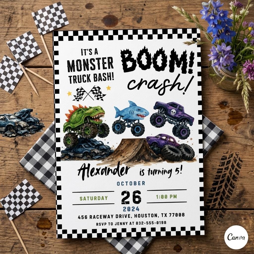 Monster Truck Birthday Invitation: Editable Canva Template (Digital Download)