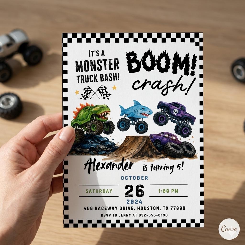 Monster Truck Birthday Invitation: Editable Canva Template (Digital Download)