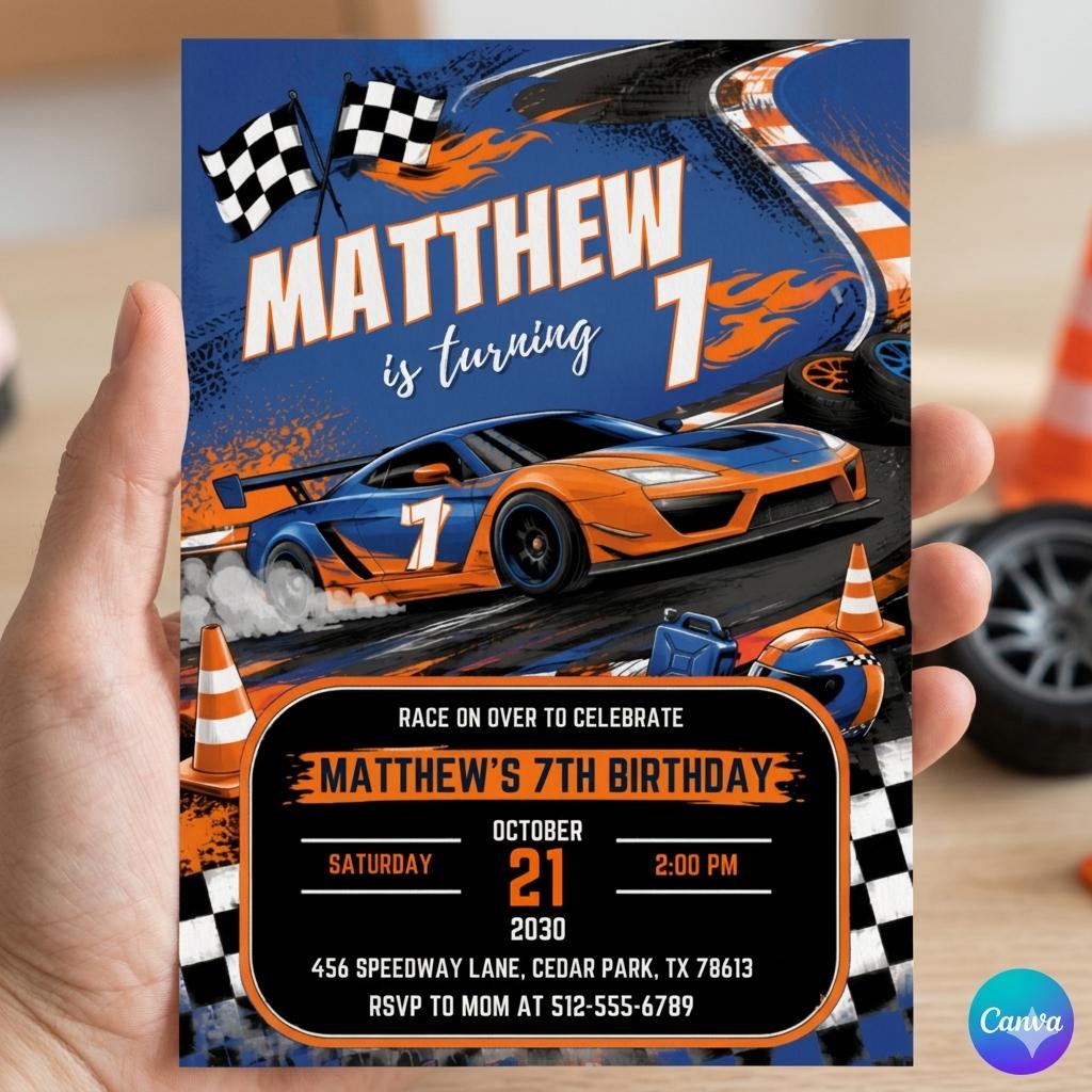 Fast Five Race Car Birthday Invitation | 5th Birthday Party Invite (Digital Download)