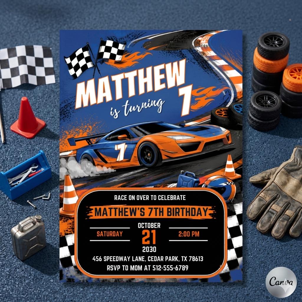 Fast Five Race Car Birthday Invitation | 5th Birthday Party Invite (Digital Download)