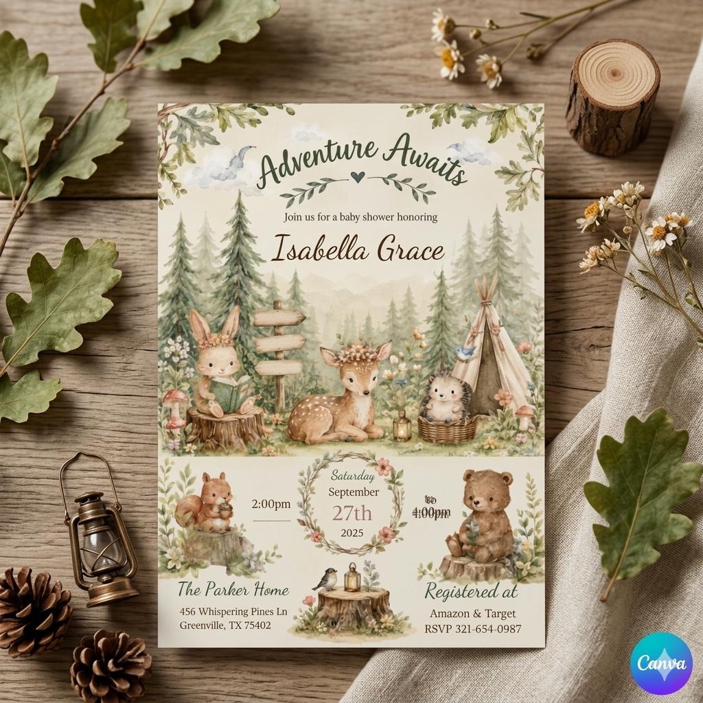 Woodland Baby Shower Invitation, Adventure Awaits Digital Invite, Forest Animals Baby Shower, Editable Canva Template