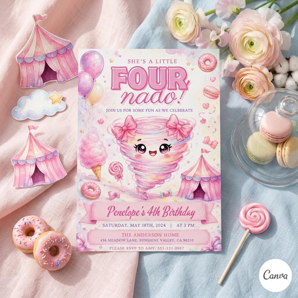 tFourNado 4th Birthday Invitation: Editable Fourth Tornado Party Invite (Digital Download)