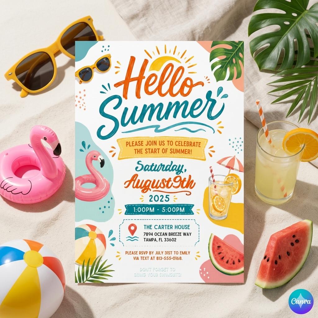 End of School Party Invitation, Hello Summer, Sunshine, Editable Canva Invitation Template
