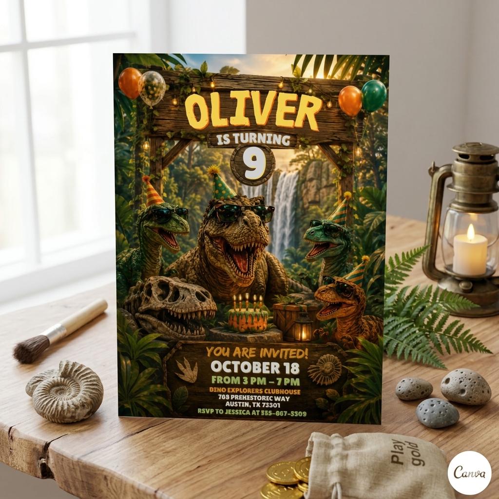 Dino Four Birthday Invitation, Dinosaur 4th Birthday Invite Boy, TRex Birthday Party Invitation, Dino Party Invite Printable, Canva template