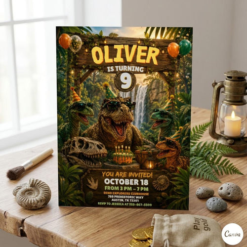 Dino Four Birthday Invitation, Dinosaur 4th Birthday Invite Boy, TRex Birthday Party Invitation, Dino Party Invite Printable, Canva template
