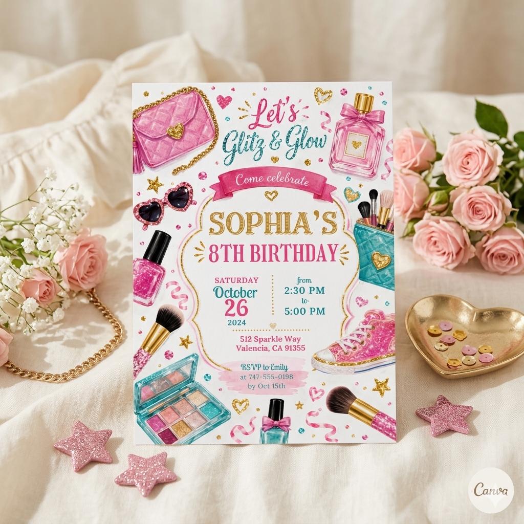 Glitz Glam Birthday Invitation Template, Glamour Party Invitation, Spa Makeup Birthday Party Rainbow Leopard Print Glitz and Glam Makeup