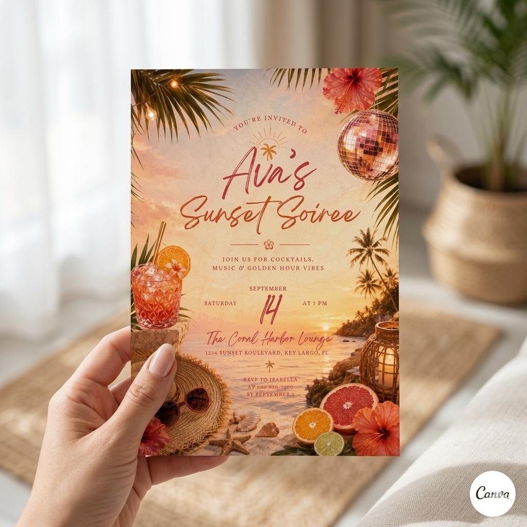 Sunset Soirée Summer Party Invitation, Tropical Party, Pink Citrus, Disco Ball, Editable Canva Template